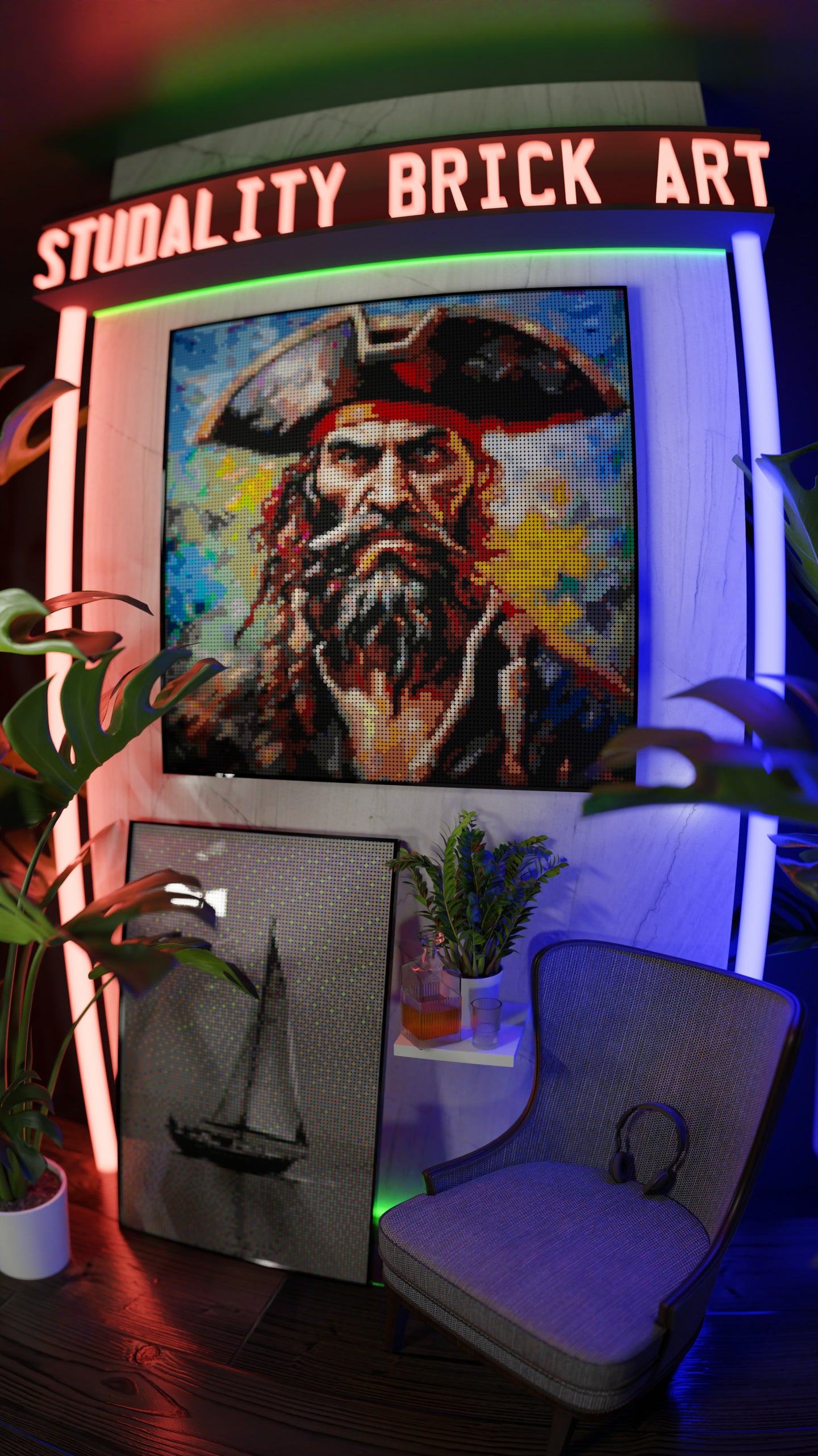 Captain Dreadheart LEGO® Style mosaic wall art made from colorful plastic bricks